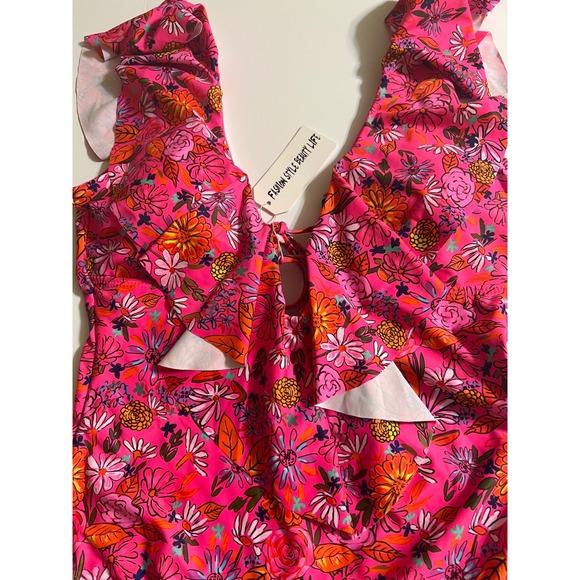 Sporlike Other - Sporlike Womens Pink Floral Ruffle V-Neck Lace Up One Piece Swimsuit Size L NEW
